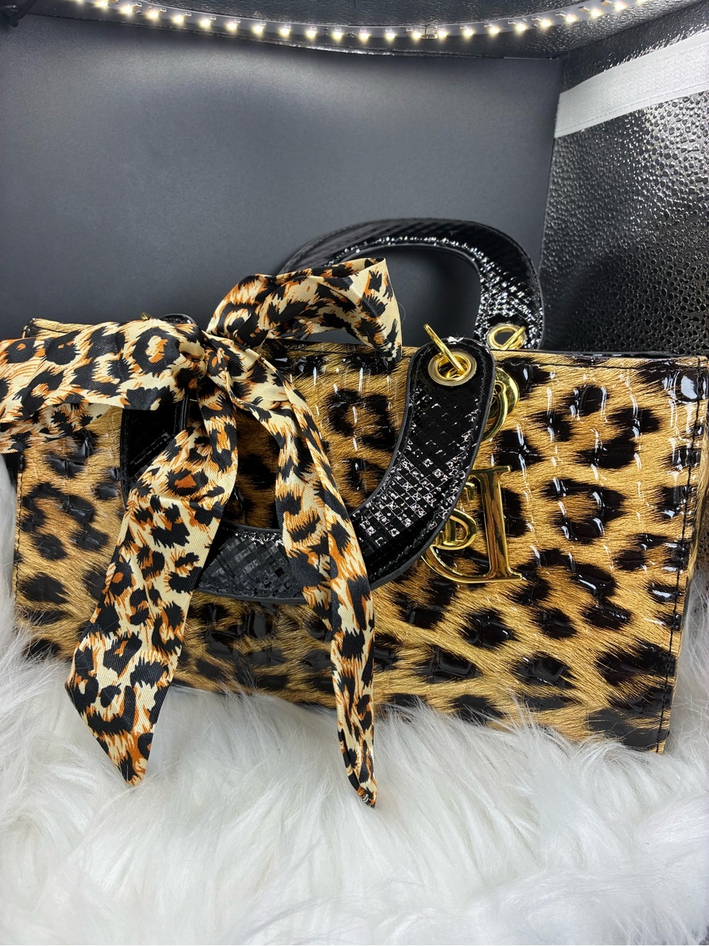 Fashion Nova Leopard Print Satchel with Black Patent Handles